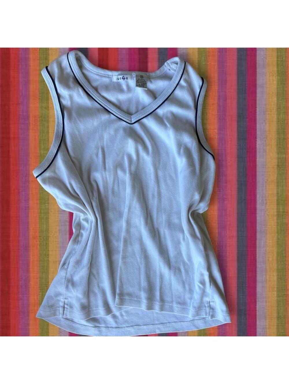 Vintage plus-size white tank top with black trim,